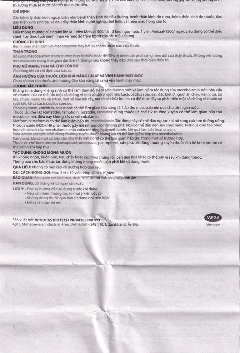 Viên nén Mebaal-1500 MEGA We Care điều trị các bệnh lý thần kinh ngoại biên (3 vỉ x 10 viên) 