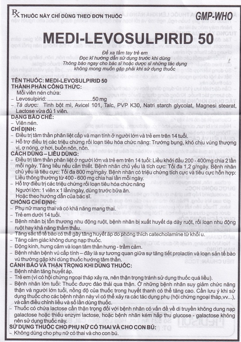 Viên nén Medi-Levosulpirid 50 Medisun điều trị tâm thần phân liệt, rối loạn tiêu hóa (3 vỉ x 10 viên)