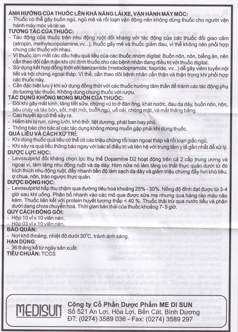 Viên nén Medi-Levosulpirid 50 Medisun điều trị tâm thần phân liệt, rối loạn tiêu hóa (3 vỉ x 10 viên)