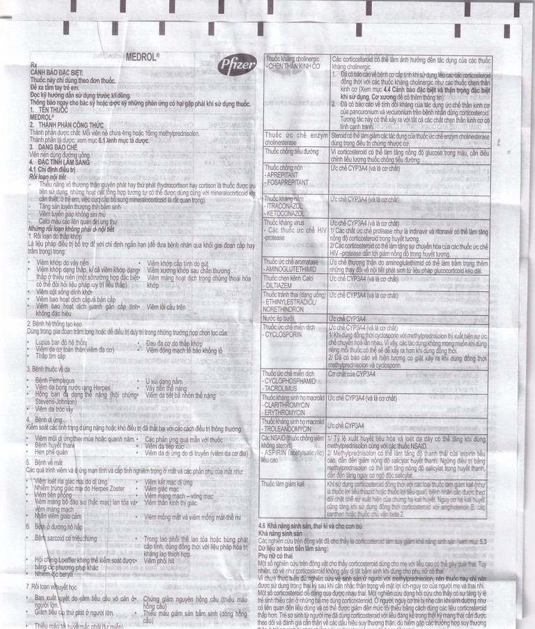 Thuốc Medrol 16mg Pfizer kháng viêm, điều trị rối loạn nội tiết, viêm tuyến giáp (3 vỉ x 10 viên)