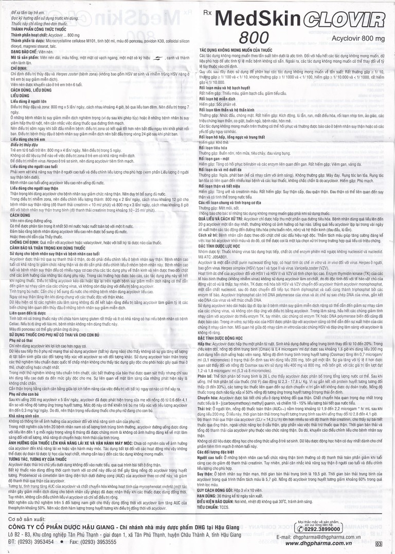 Thuốc MedSkin Clovir 800 DHG điều trị nhiễm virus Herpes simplex, bệnh thủy đậu, viêm phổi do Zona (3 vỉ x 10 viên)