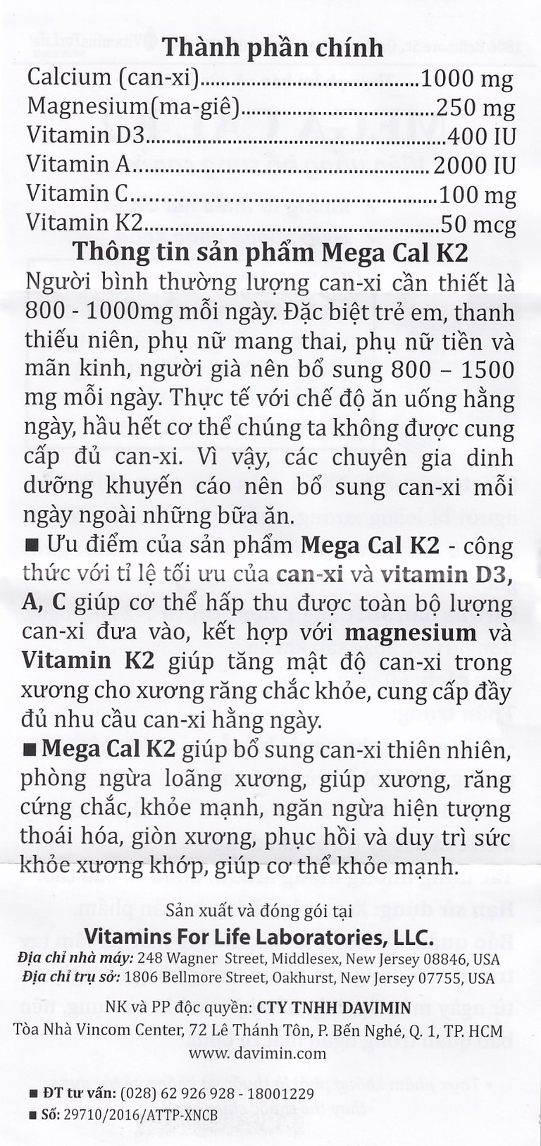 Viên uống Mega-Cal 1000 Vitamins For Life giúp bổ sung canxi, chống loãng xương (60 viên)