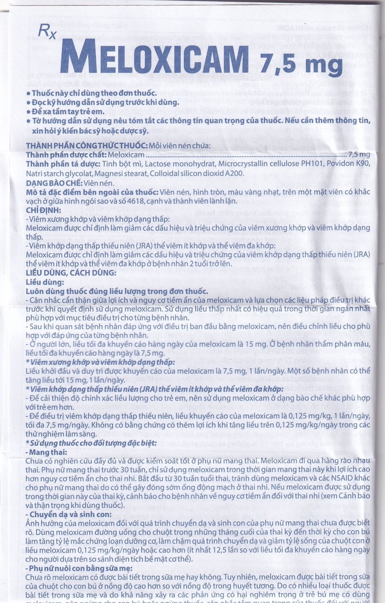 Thuốc Meloxicam 7.5mg điều trị viêm xương khớp, viêm cột sống (2 vỉ x 10 viên)