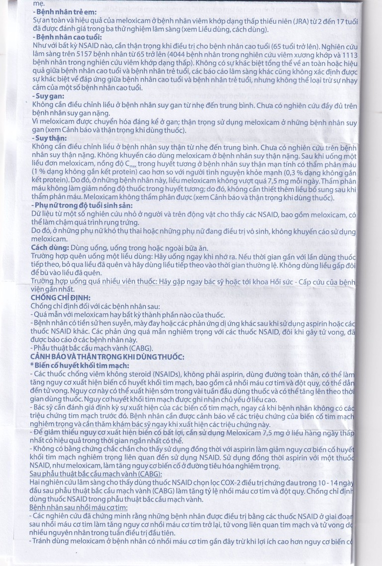 Thuốc Meloxicam 7.5mg điều trị viêm xương khớp, viêm cột sống (2 vỉ x 10 viên)