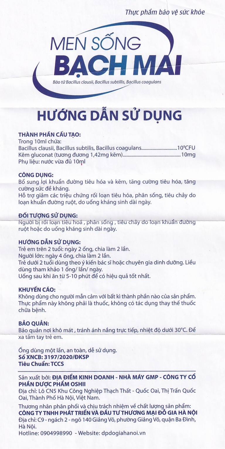 Men sống Bạch Mai bổ sung lợi khuẩn đường tiêu hóa và kẽm, tăng cường tiêu hóa (20 ống x 10ml)