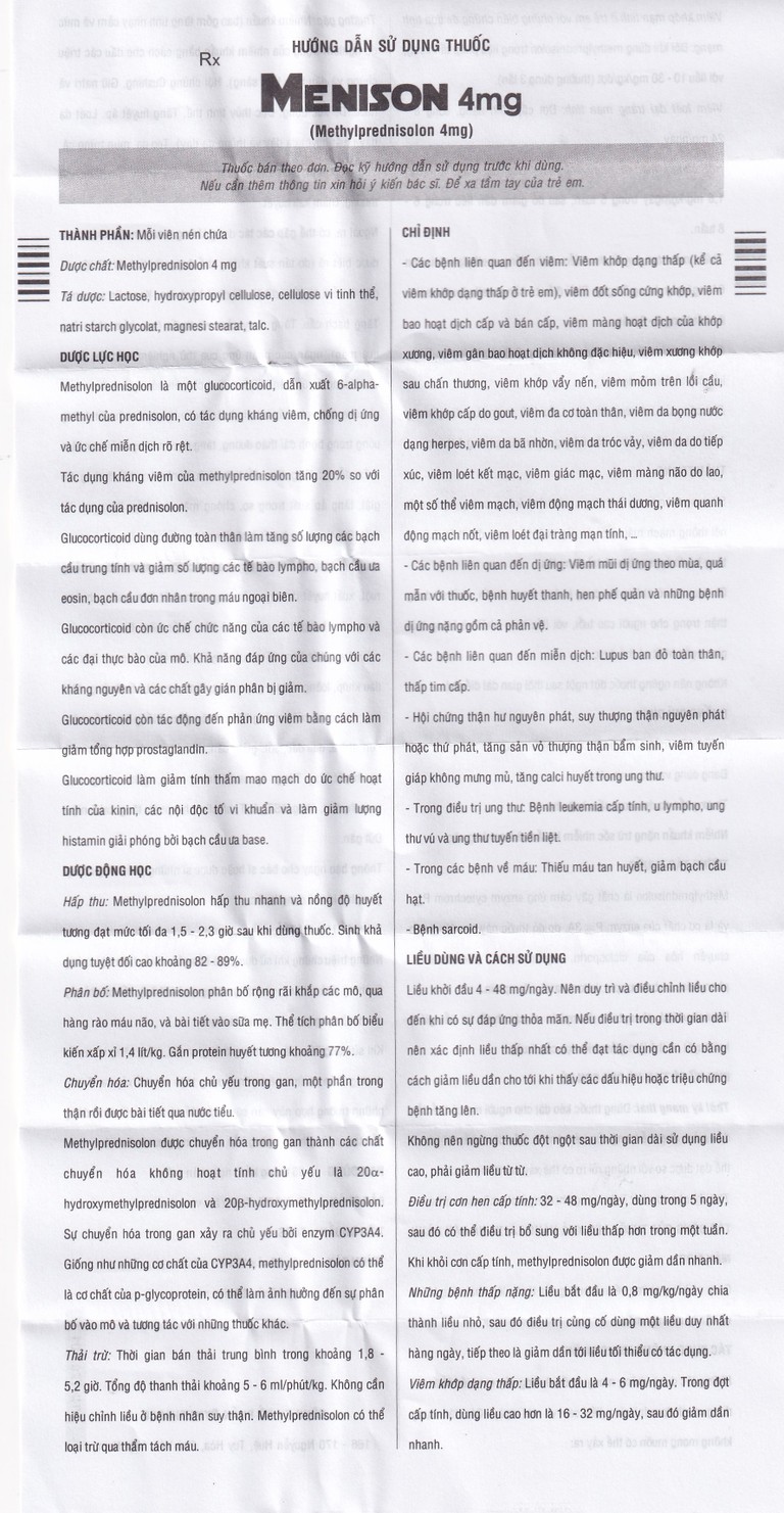 Thuốc Menison 4mg Pymepharco điều trị rối loạn nội tiết, viêm khớp, bệnh collagen (3 vỉ x 10 viên)