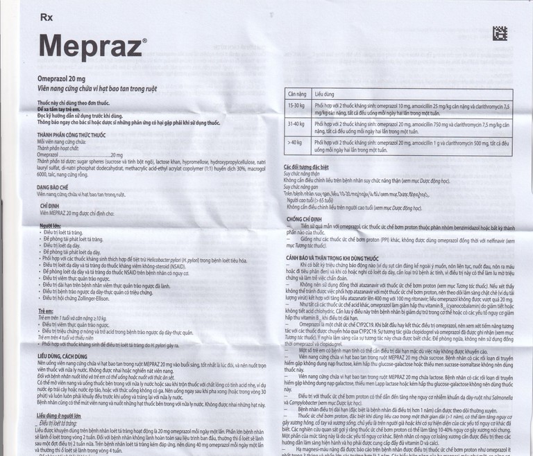 Viên nang cứng Mepraz 20mg Sanofi điều trị loét dạ dày tá tràng, viêm thực quản trào ngược (7 vỉ x 4 viên)