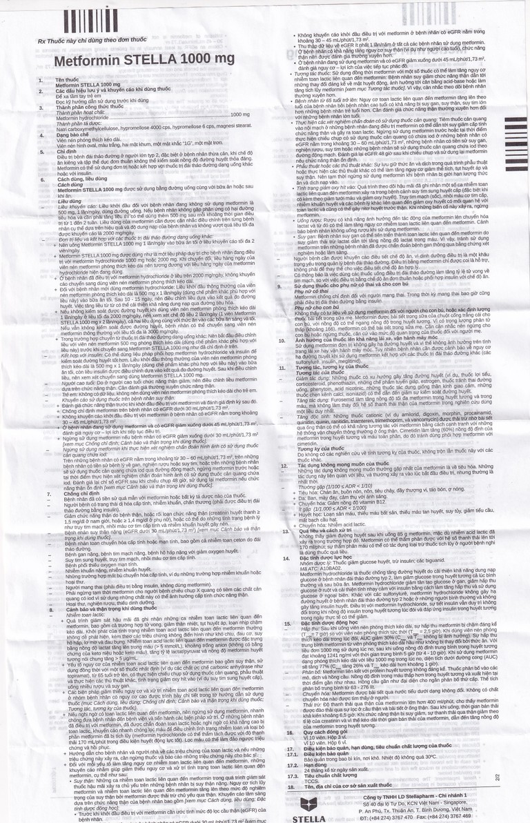 Thuốc Metformin Stella 1000mg điều trị đái tháo đường típ 2 (6 vỉ x 10 viên)