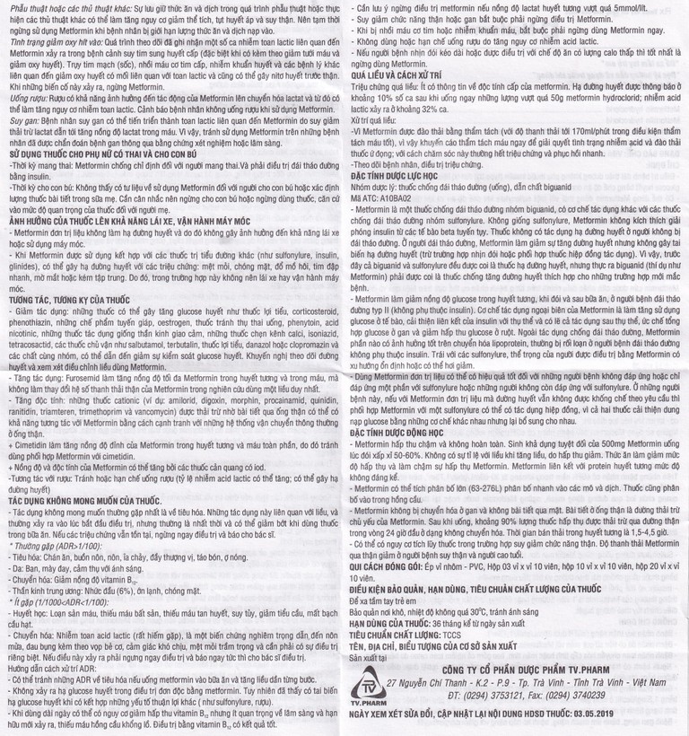 Thuốc Metformin 500mg TV Pharm điều trị đái tháo đường (10 vỉ x 10 viên)