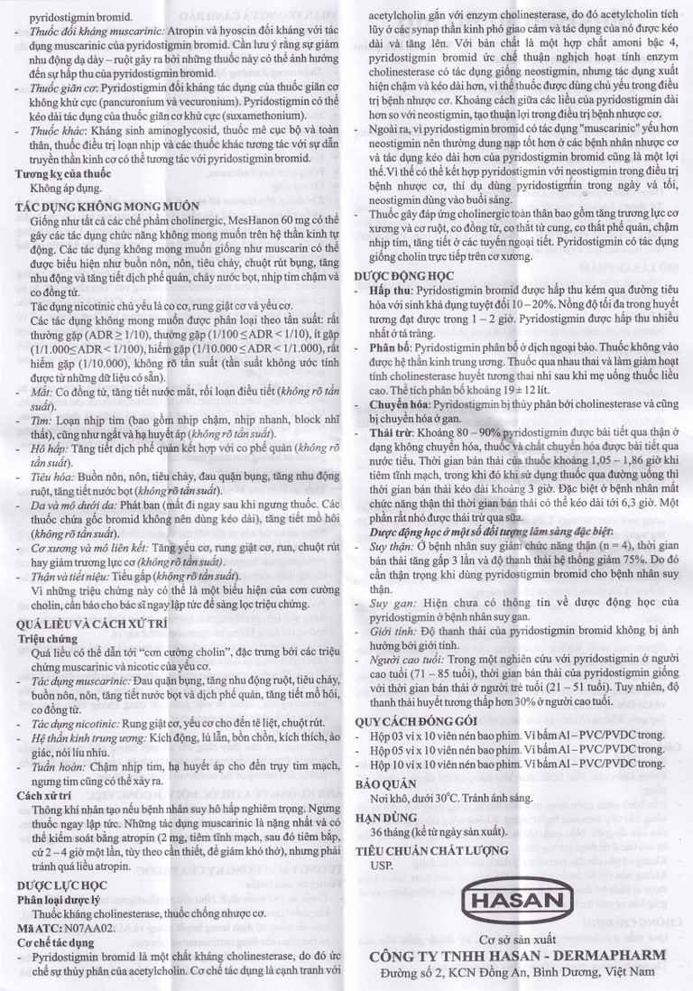 Viên nén MesHanon 60mg Hasan điều trị nhược cơ, tắt ruột do liệt ruột và bí tiểu sau phẫu thuật (3 vỉ x 10 viên)