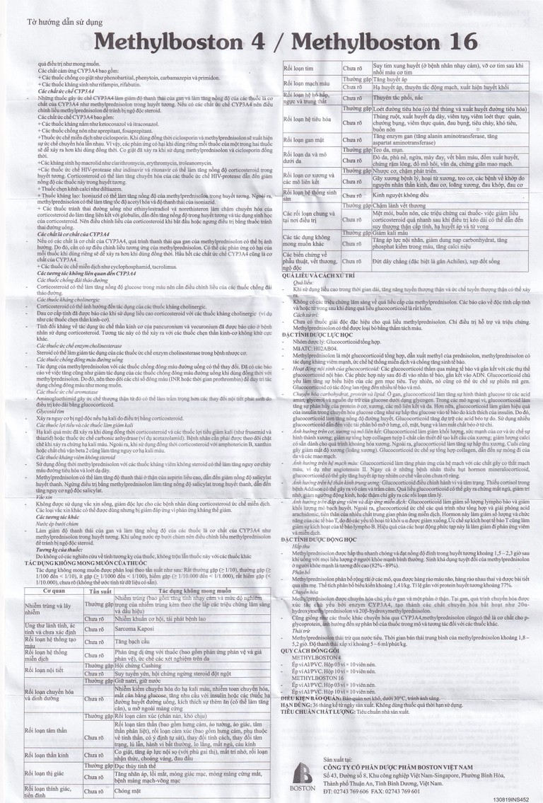 Thuốc Methylboston 16 Boston kháng viêm, điều trị suy tuyến thượng thận, viêm khớp, lupus ban đỏ (3 vỉ x 10 viên)