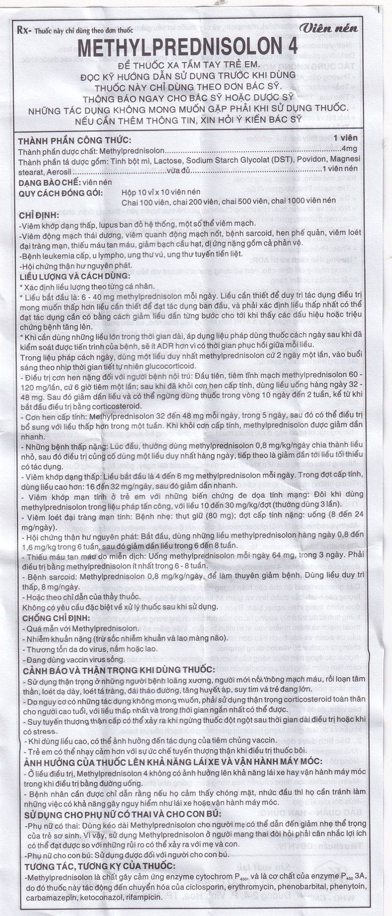 Thuốc Methylprednisolon 4 Khapharco kháng viêm, điều trị viêm khớp dạng thấp, lupus ban đỏ hệ thống (10 vỉ x 10 viên)