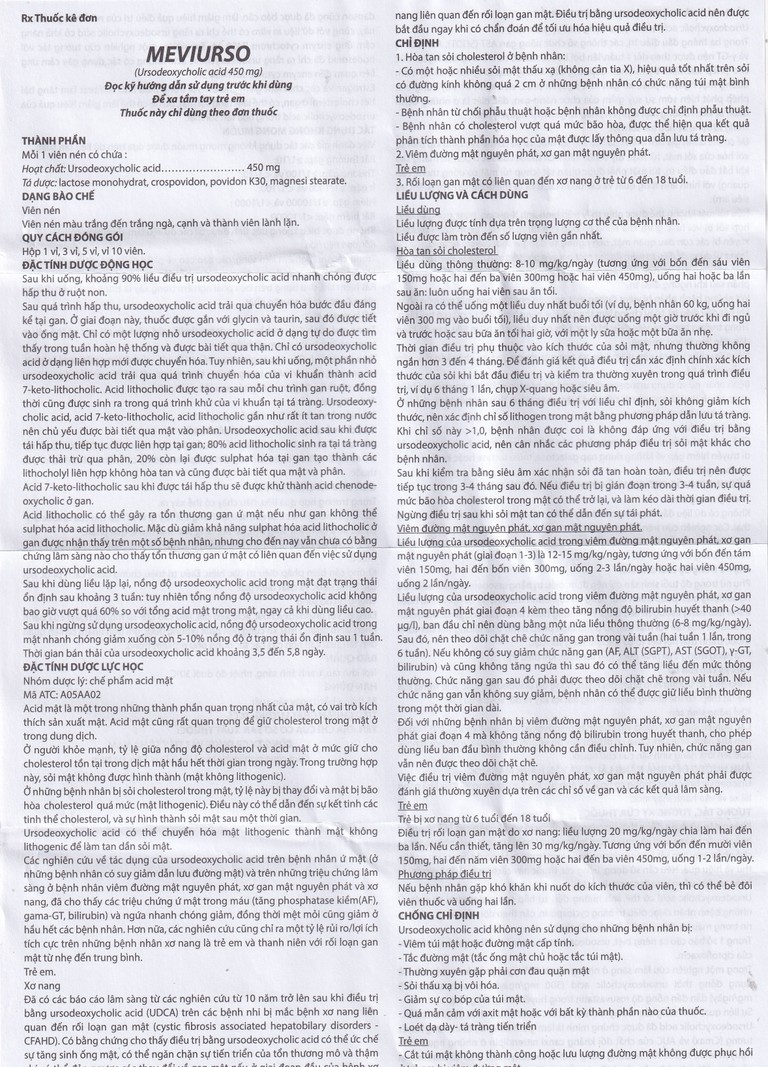Thuốc Meviurso 450mg Hà Nam dùng để hòa tan sỏi cholesterol, viêm đường mật nguyên phát (3 vỉ x 10 viên)