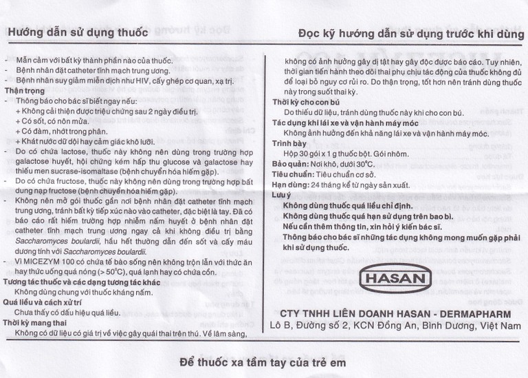 Thuốc bột Micezym 100 Hasan phòng ngừa và điều trị tiêu chảy (30 gói x 1g))
