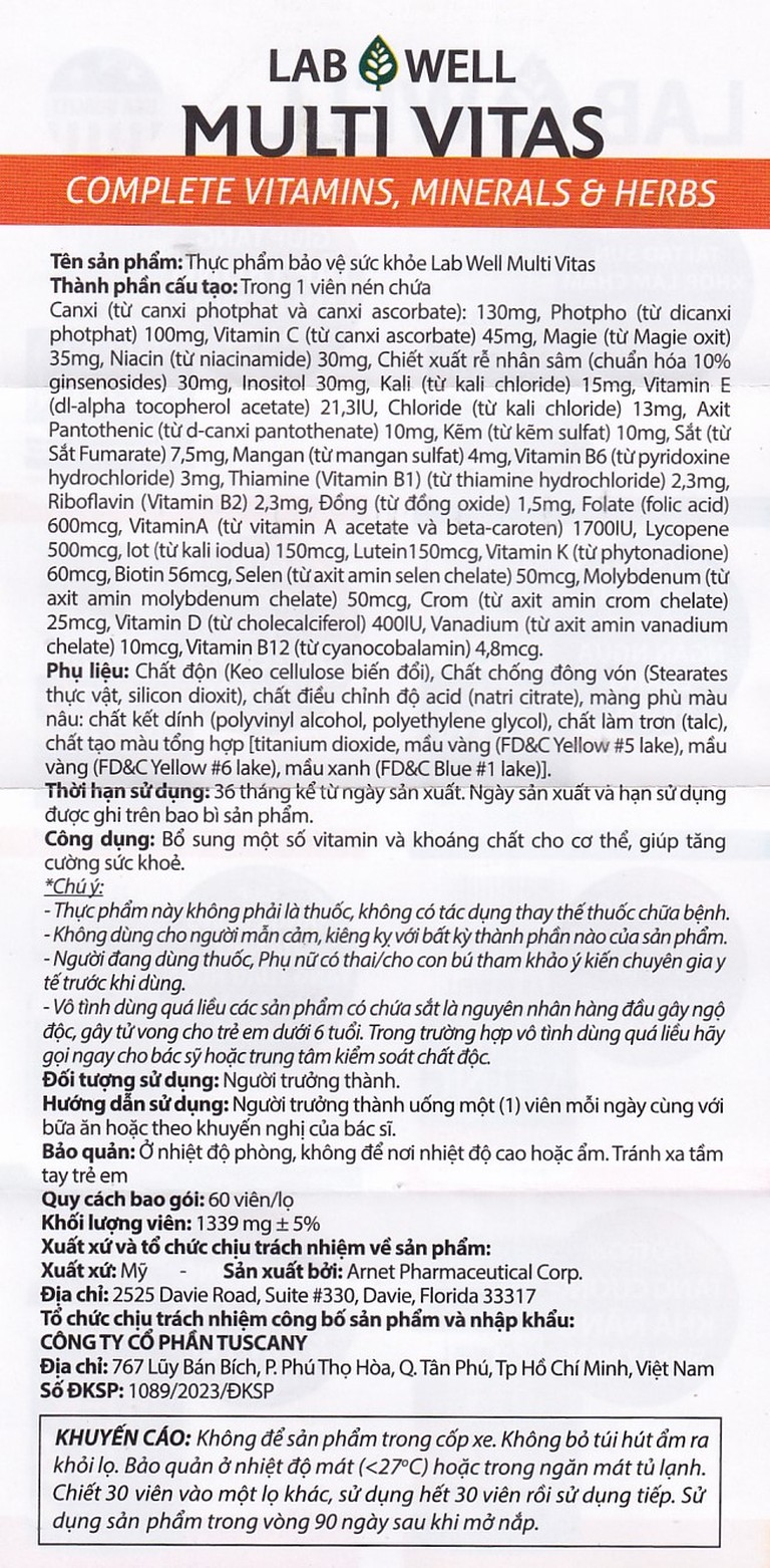 Viên nén Multi Vitas Lab Well bổ sung vitamin và khoáng chất cho cơ thể (60 viên)