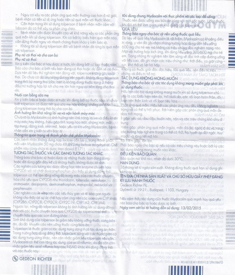 Viên nén Mydocalm 50mg Gedeon điều trị triệu chứng co cứng cơ sau đột quỵ (3 vỉ x 10 viên) 