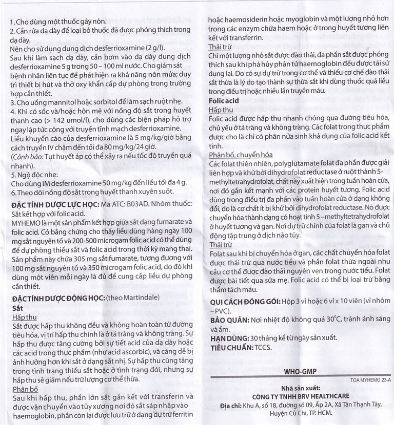 Thuốc Myhemo BRV điều trị dự phòng thiếu sắt và folic acid trong khi mang thai (3 vỉ x 10 viên)