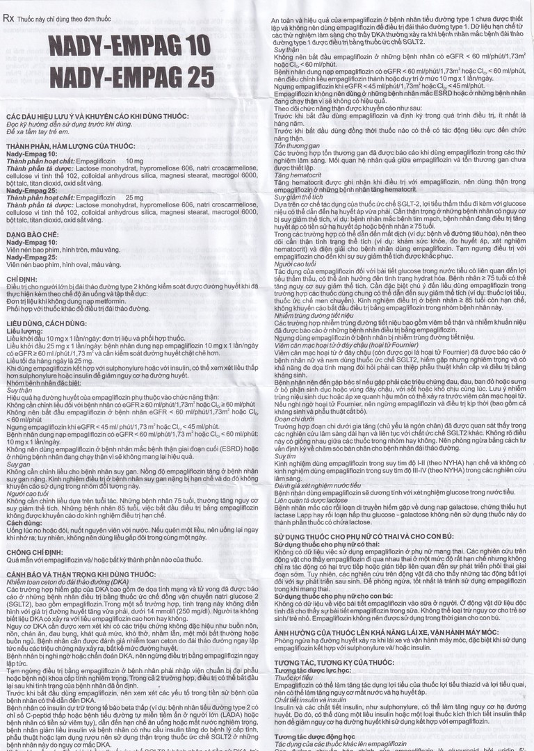 Thuốc Nady-Empag 25mg Nadyphar điều trị cho người lớn bị đái tháo đường type 2 (3 vỉ x 10 viên)