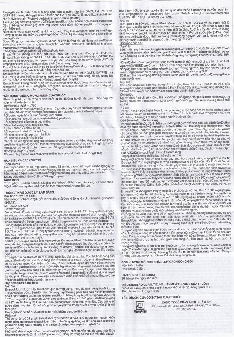 Thuốc Nady-Empag 25mg Nadyphar điều trị cho người lớn bị đái tháo đường type 2 (3 vỉ x 10 viên)