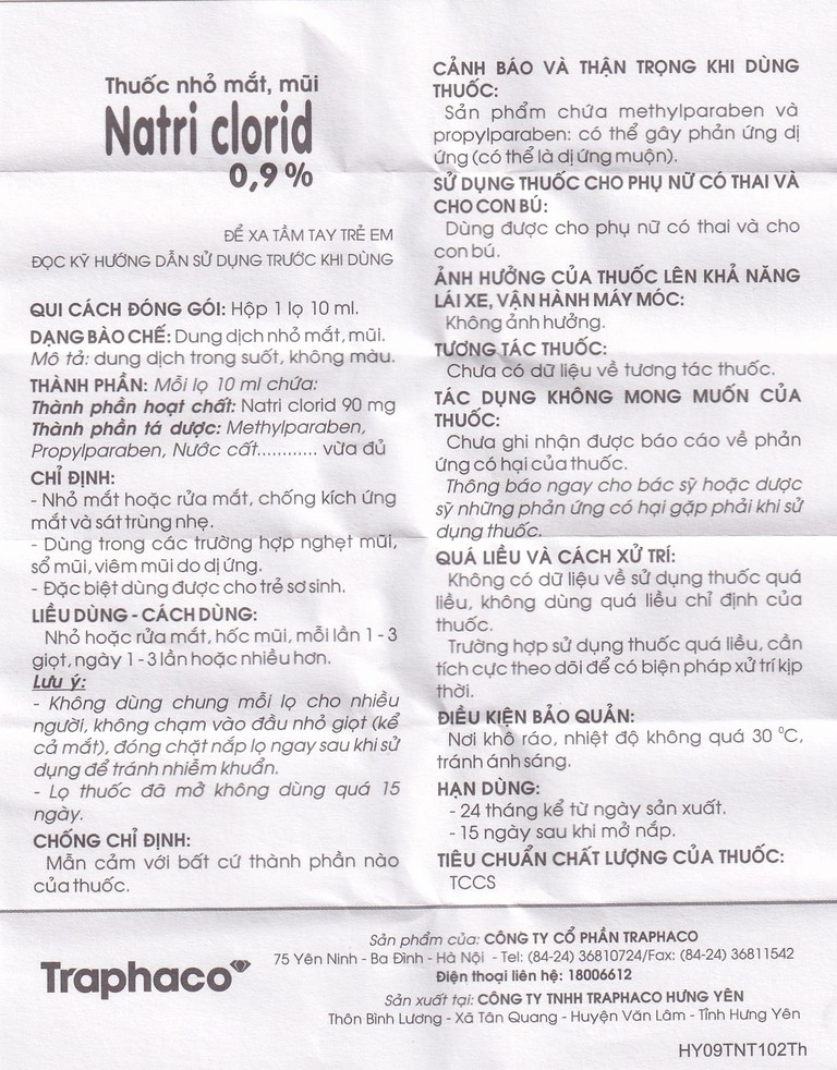 Thuốc nhỏ mắt, mũi Natri Clorid 0,9% Traphaco giảm nghẹt mũi, chảy mũi, viêm mũi dị ứng (10ml)