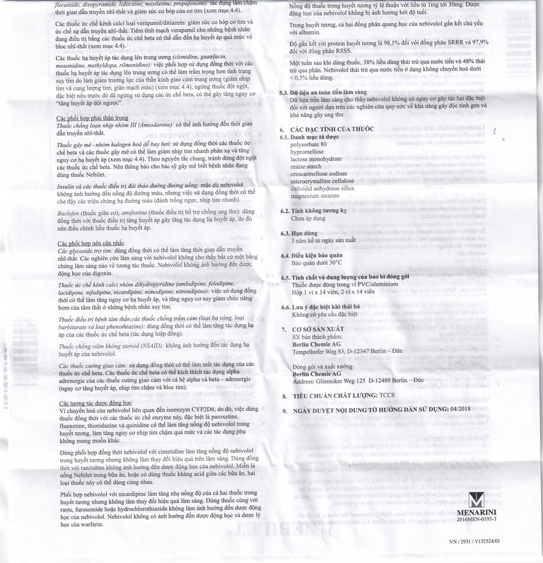 Viên nén Nebilet 5mg Menarini điều trị tăng huyết áp và suy tim mạn tính (1 vỉ x 14 viên)