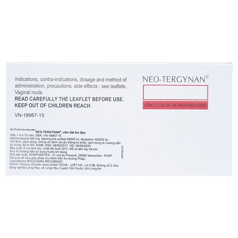 Viên đặt âm đạo Neo-Tergynan Bouchara điều trị viêm âm đạo (1 vỉ x 10 viên)