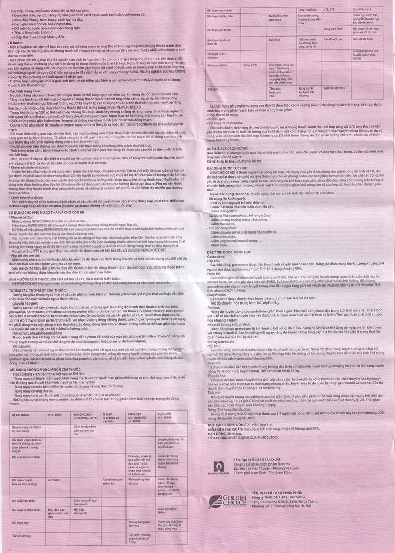 Thuốc tránh thai hàng ngày New Choice AD Advanced Formula Nam Hà (1 vỉ x 21 viên)