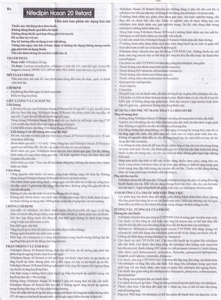 Viên nén Nifedipin Hasan 20 Retard Hasan điều trị tăng huyết áp (10 vỉ x 10 viên)