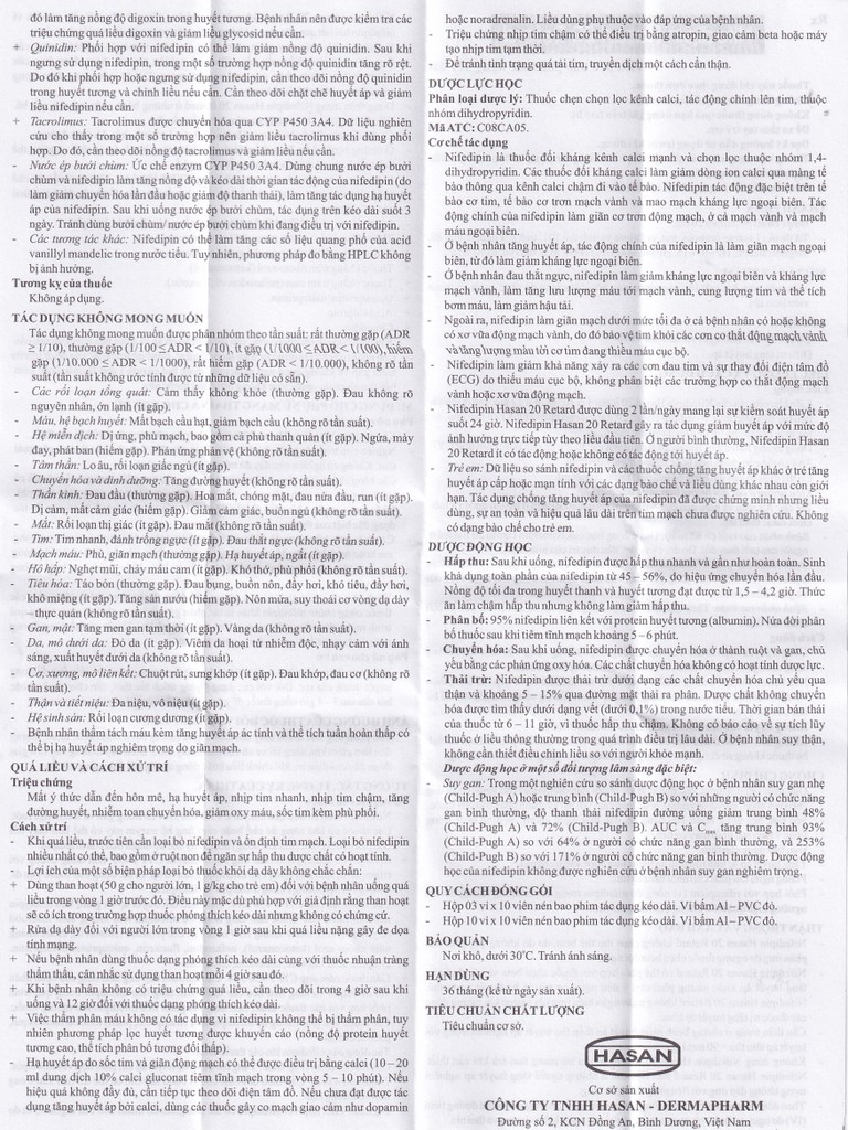 Viên nén Nifedipin Hasan 20 Retard Hasan điều trị tăng huyết áp (10 vỉ x 10 viên)
