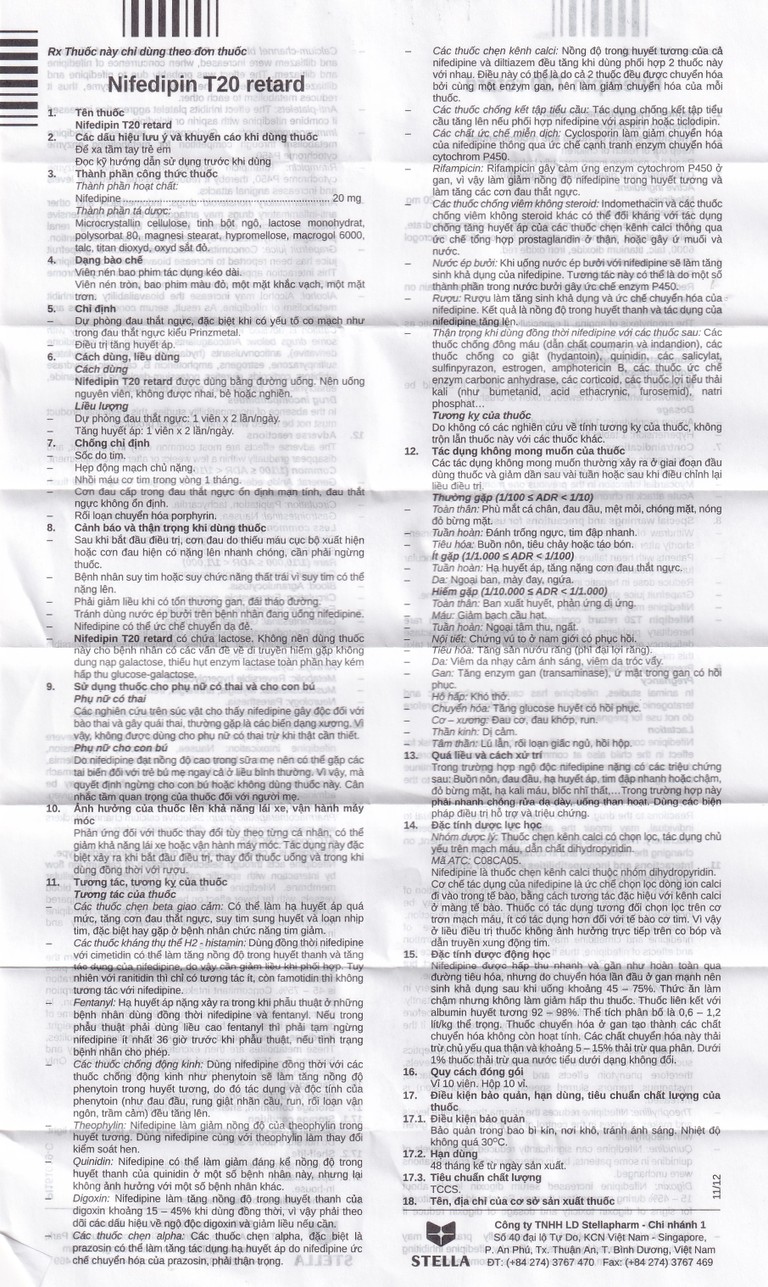 Viên nén Nifedipin T20 retard Stella dự phòng đau thắt ngực, điều trị tăng huyết áp (10 vỉ x 10 viên) 