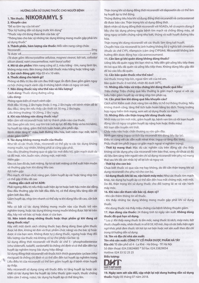 Viên nang cứng Nikoramyl 5 Hà Tây phòng và điều trị cơn đau thắt ngực (3 vỉ x 10 viên) 