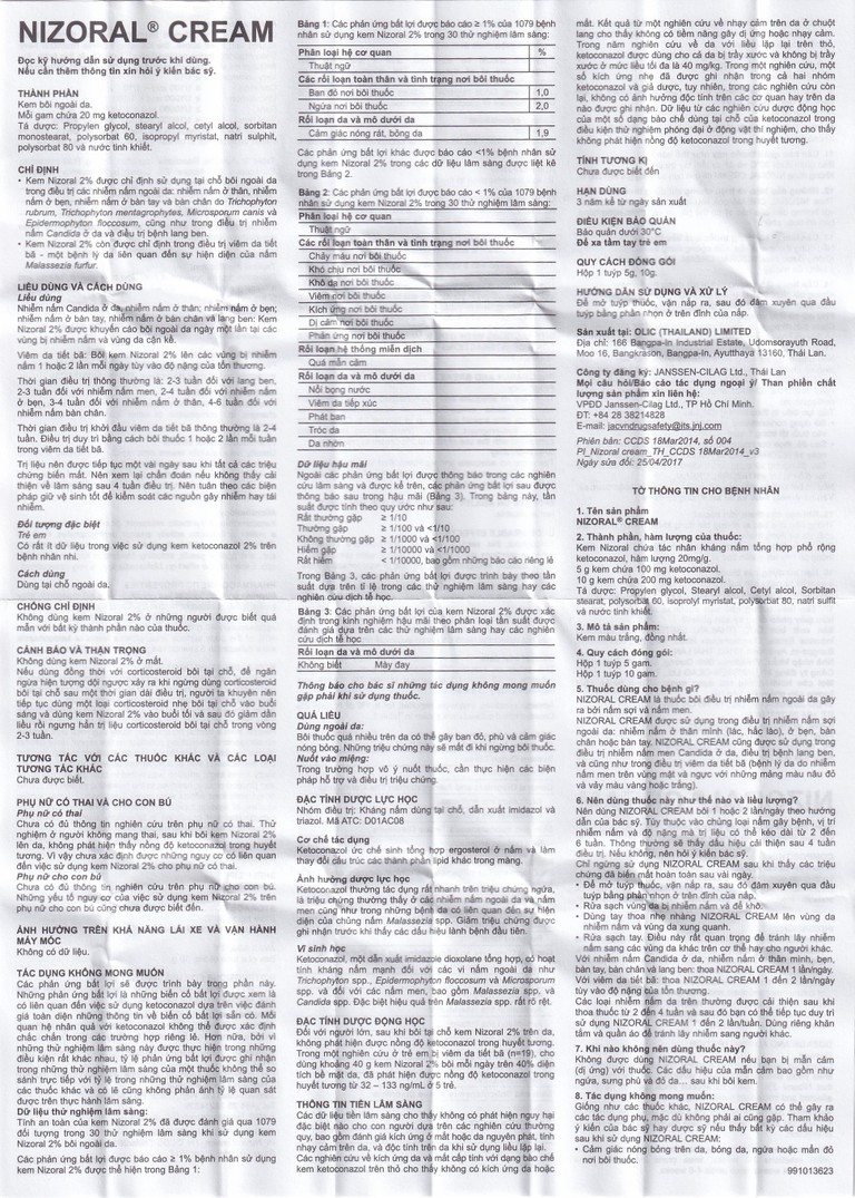 Kem bôi da Nizoral Cream Janssen điều trị nấm ngoài da, lang ben (10g)