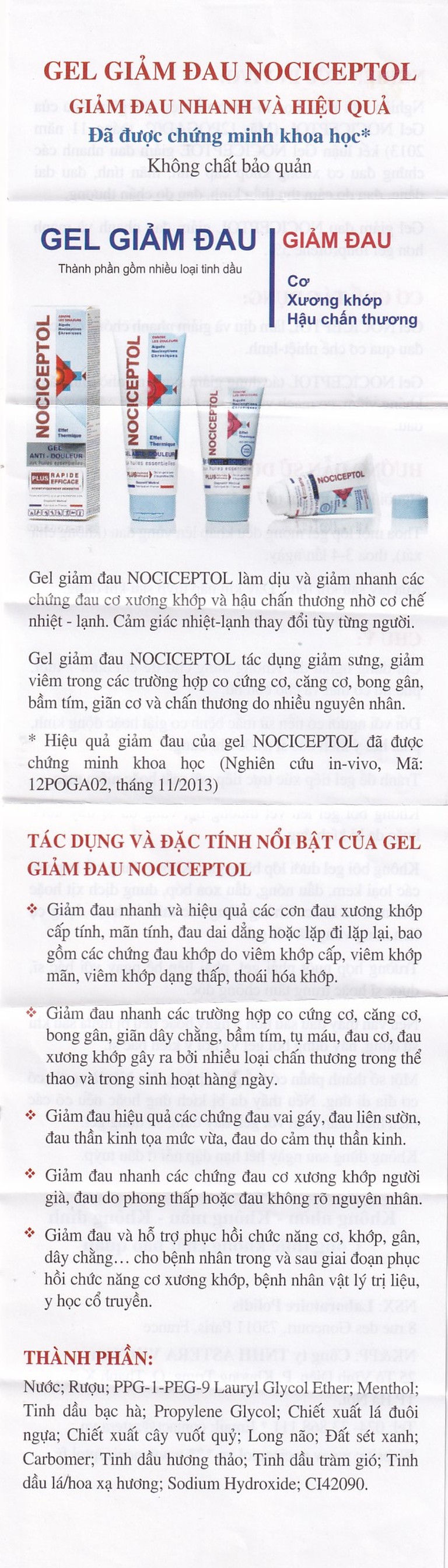 Gel bôi ngoài da Nociceptol Gel giảm đau, nhức, mỏi cơ, xương, khớp, chấn thương, giảm bầm tím, sưng nề (60ml)