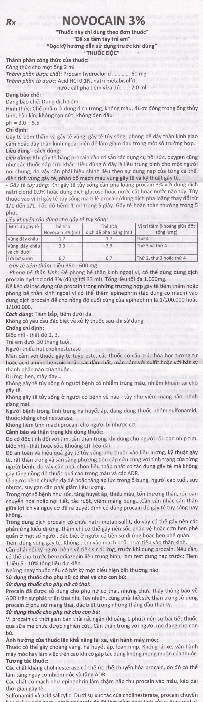 Dung dịch tiêm Novocain 3% Vinphaco gây tê tiêm thấm, gây tê vùng, gây tê tủy sống (100 ống x 2ml) 