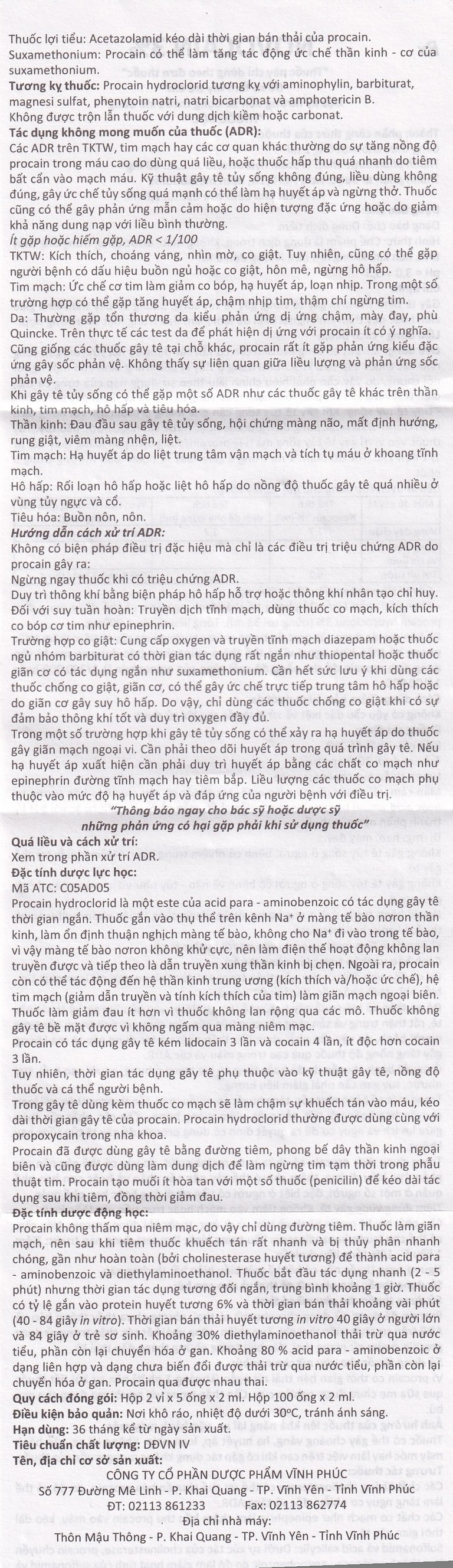 Dung dịch tiêm Novocain 3% Vinphaco gây tê tiêm thấm, gây tê vùng, gây tê tủy sống (100 ống x 2ml) 