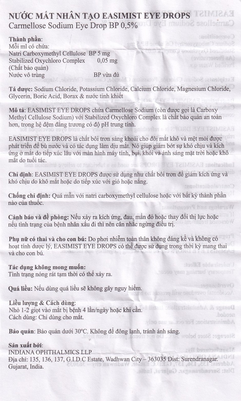 Nước mắt nhân tạo Easimist Eye Drops Indiana Ophthalmics giúp giảm khô và mỏi mắt (5ml)