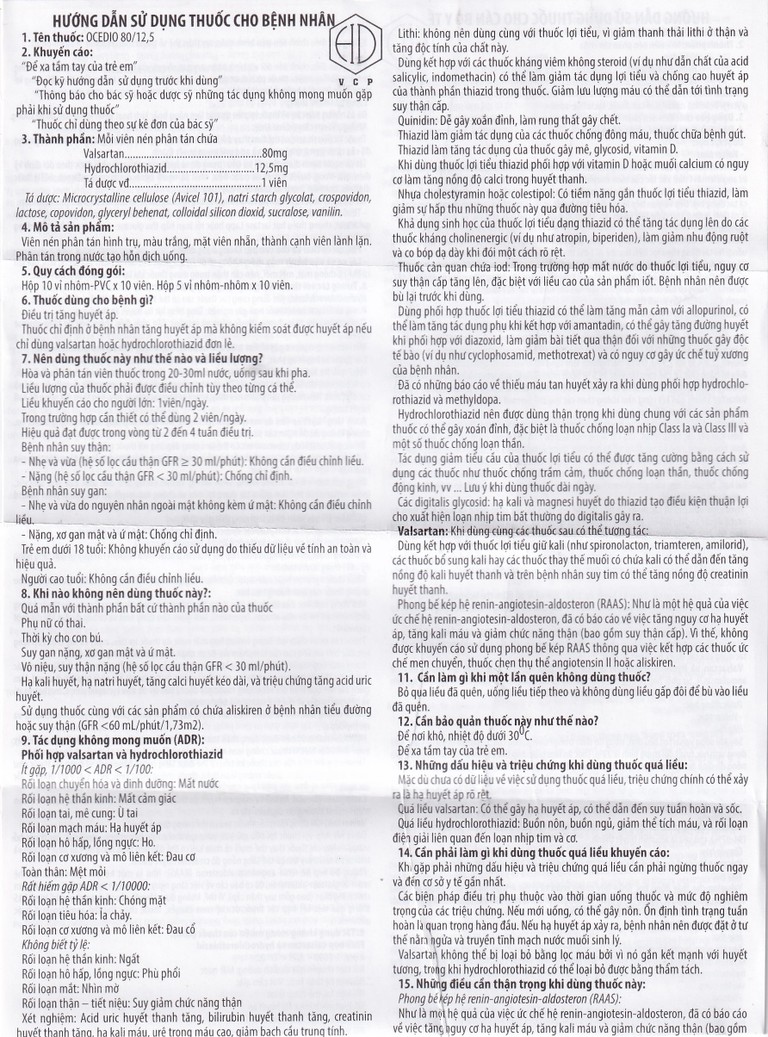 Thuốc Ocedio 80/12,5 VCP điều trị cao huyết áp (5 vỉ x 10 viên)