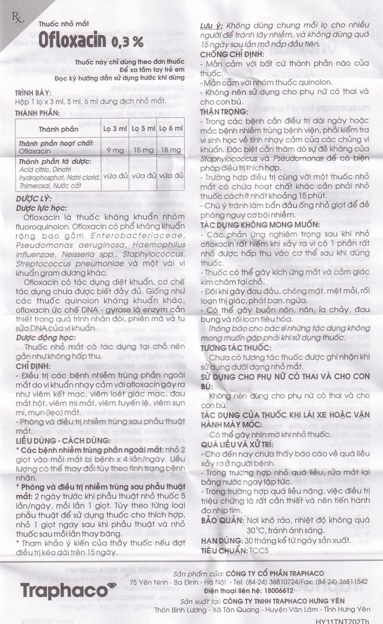 Thuốc nhỏ mắt Ofloxacin 0,3% Traphaco điều trị nhiễm trùng mắt, viêm kết mạc (6ml)
