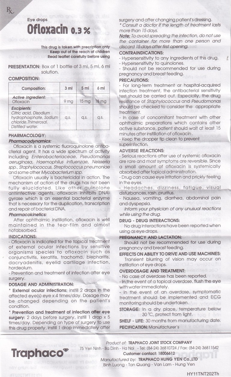 Thuốc nhỏ mắt Ofloxacin 0,3% Traphaco điều trị nhiễm trùng mắt, viêm kết mạc (6ml)