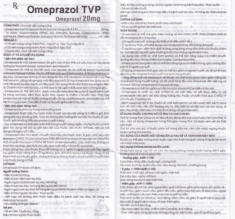 Viên nang cứng Omeprazol TVP 20mg điều trị loét tá tràng, viêm loét dạ dày (3 vỉ x 10 viên) 