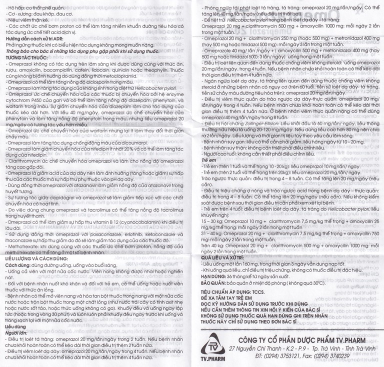 Viên nang cứng Omeprazol TVP 20mg điều trị loét tá tràng, viêm loét dạ dày (3 vỉ x 10 viên) 