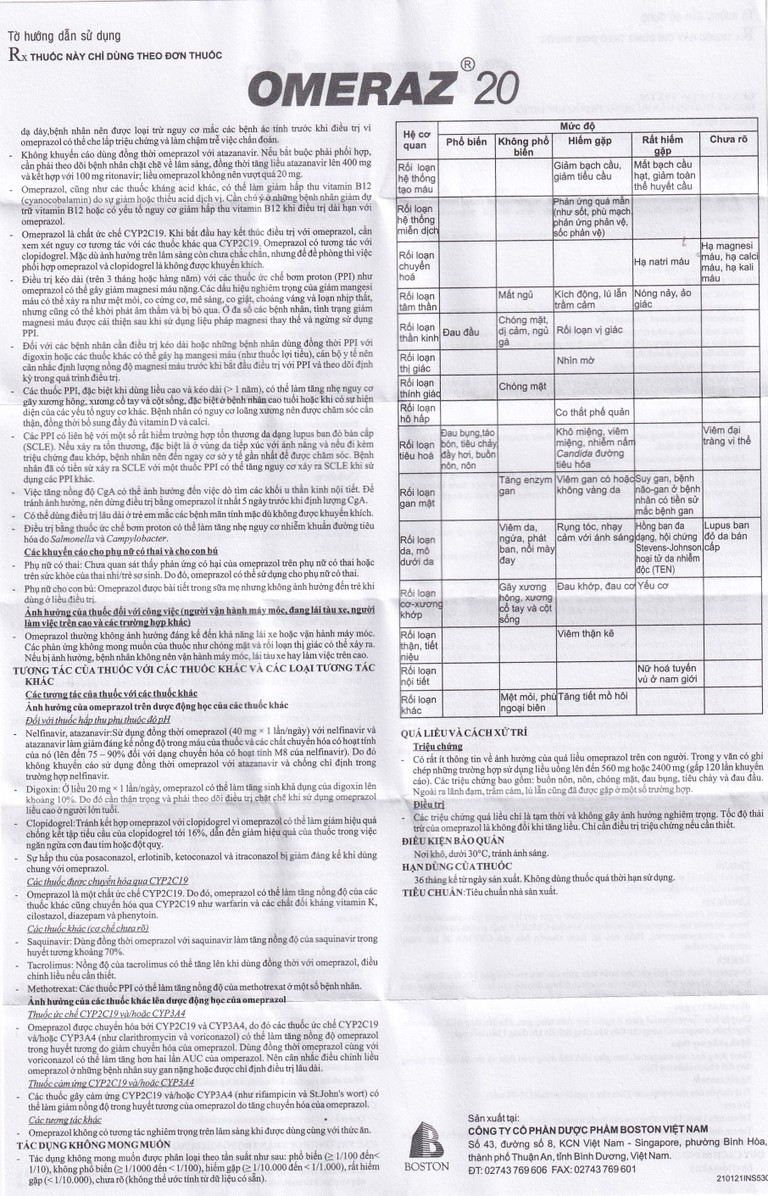 Viên nang Omeraz 20 Boston điều trị và dự phòng tái phát loét dạ dày, tá tràng (5 vỉ x 4 viên) 