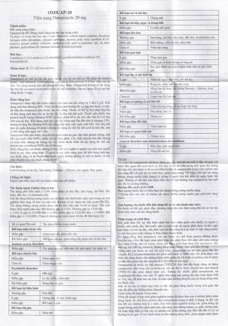 Thuốc Omicap-20 Micro điều trị loét tá tràng và dạ dày, hội chứng Zollinger – Ellison, trào ngược thực quản (10 vỉ x 10 viên)