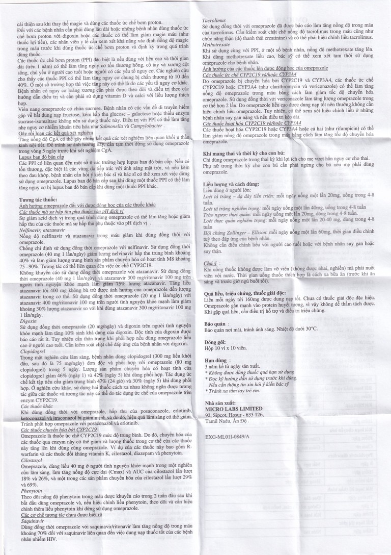 Thuốc Omicap-20 Micro điều trị loét tá tràng và dạ dày, hội chứng Zollinger – Ellison, trào ngược thực quản (10 vỉ x 10 viên)