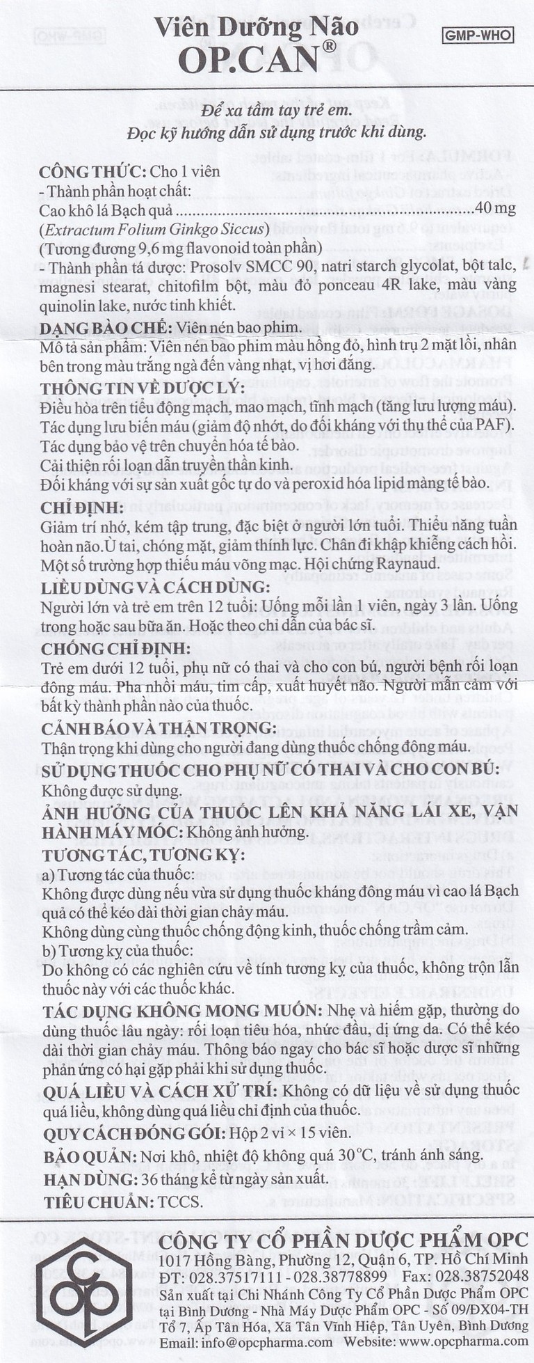 Viên dưỡng não O.P.CAN OPC điều trị giảm trí nhớ, kém tập trung, thiểu năng tuần hoàn não (2 vỉ x 15 viên) 