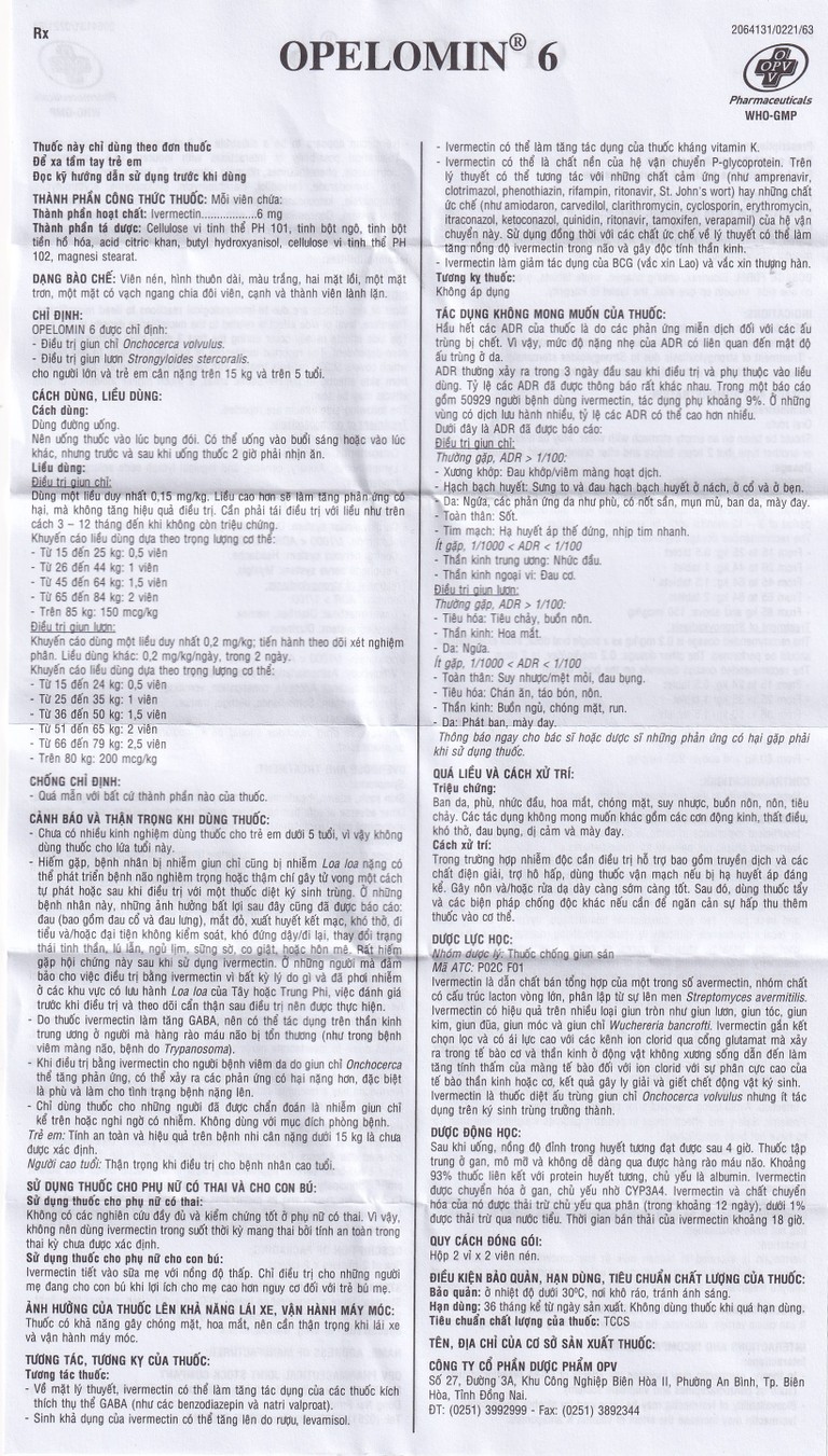 Viên nén Opelomin 6 OPV điều trị giun chỉ, giun lươn (2 vỉ x 2 viên)