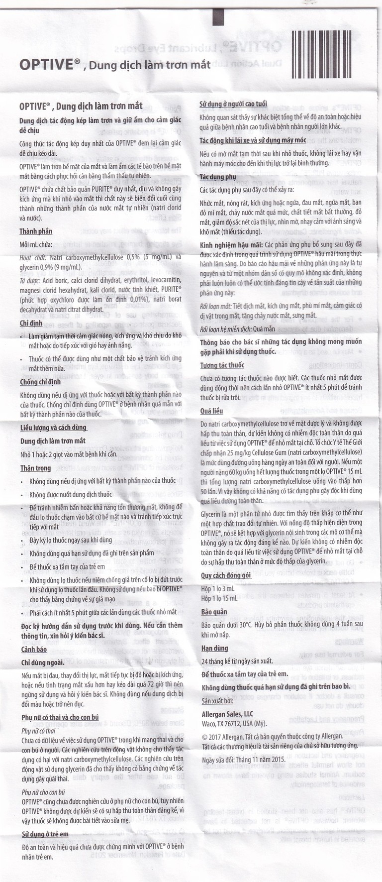Thuốc nhỏ mắt Optive Allergan giảm nóng, kích ứng và khó chịu do khô mắt (15ml)