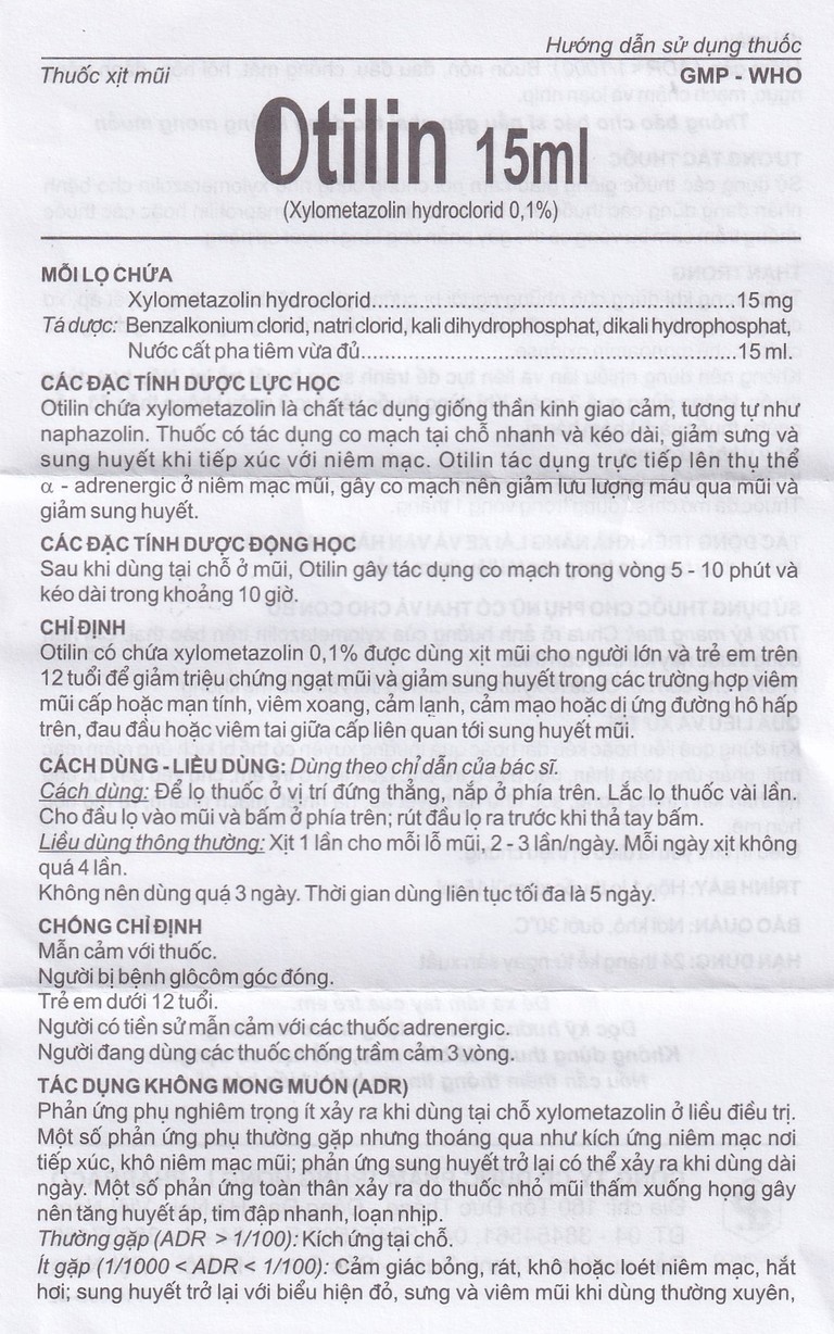 Thuốc xịt mũi Otilin 0.1% Pharbaco giảm ngạt mũi, sung huyết trong viêm mũi (15ml)