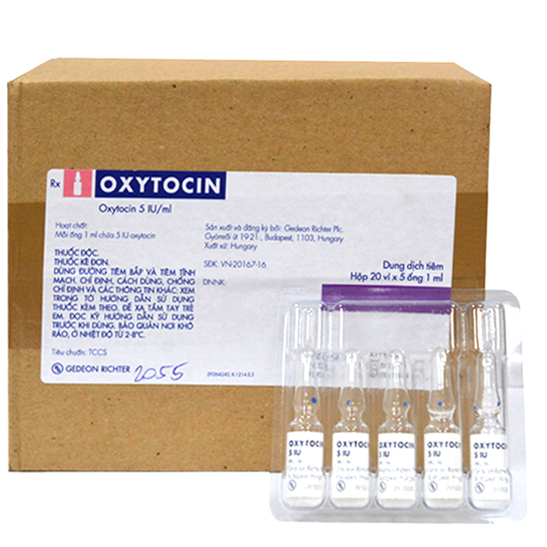 Thuốc Oxytocin 5 IU/ml chỉ định trong giục sinh, điều trị hỗ trợ khi sảy thai không hoàn toàn (20 vỉ x 5 ống x 1ml)