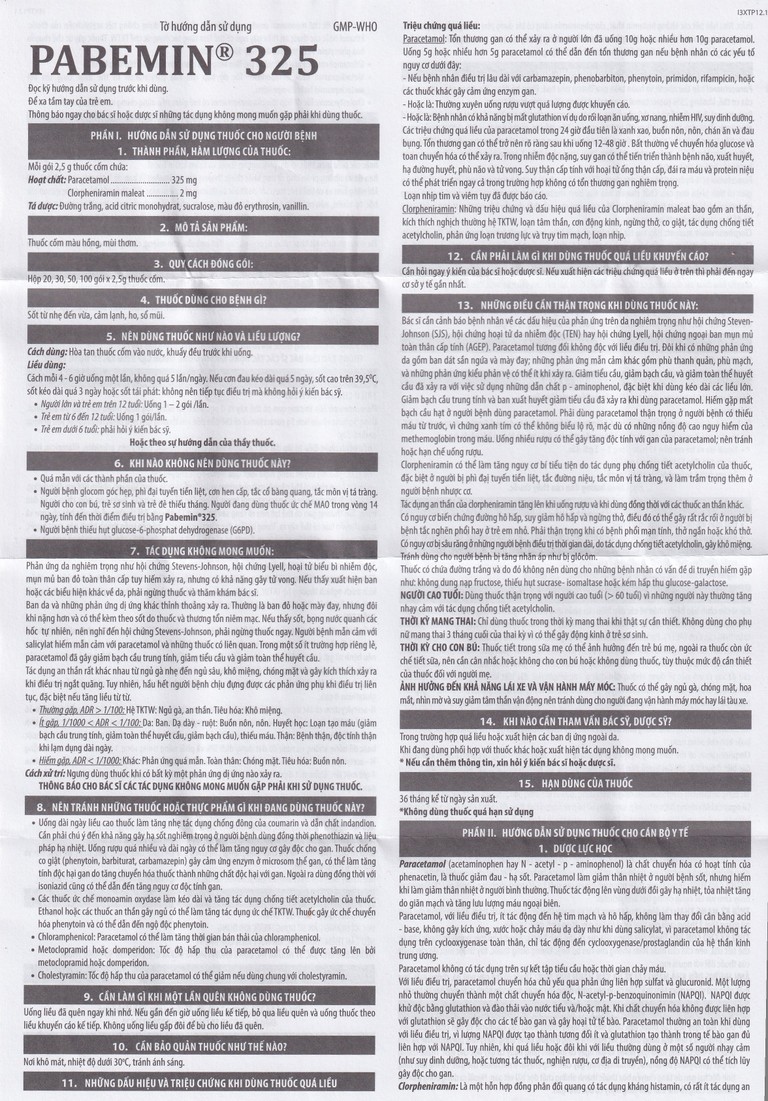 Cốm Pabemin 325 Pharimexco điều trị sốt từ nhẹ đến vừa, cảm lạnh, ho, sổ mũi (30 gói)